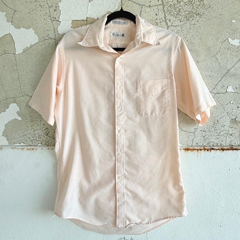 Vtg 70s Shirt Short Sleeve Button Up Pastel Peach USA Made Single Needle Windsor